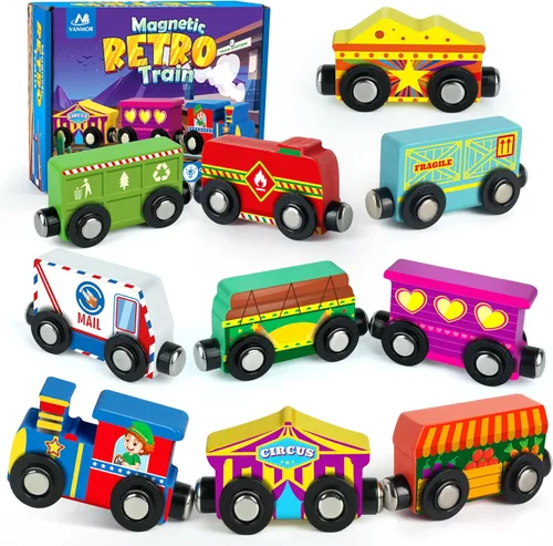 Vanmor Juego de tren magnético de madera para niños pequeños, 10 piezas de autos de juguete educativos con imanes, incluye bolsa de almacenamiento,