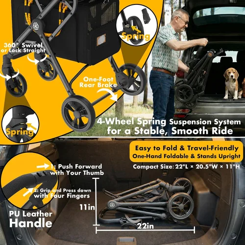 Miniatura 6 de PAWZIDEA Carriola doble para mascotas con 2 portamascotas desmontables, jaula portátil para perros para viajes en automóvil y porta gatos expandible