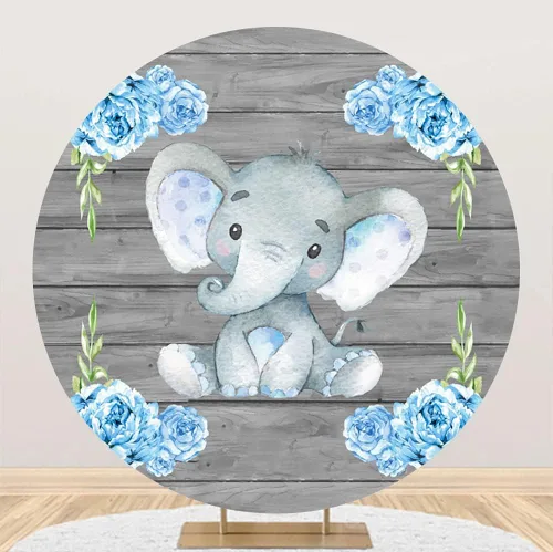 Yeele Telón de fondo redondo de elefante gris de 6.5 x 6.5 pies, tablero de madera rústica, flores azules, fondo de fotografía, baby shower,
