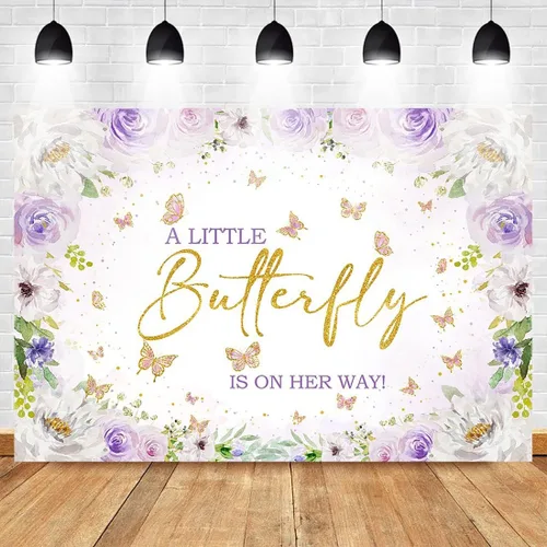 Miniatura 2 de Avezano Telón de fondo de mariposa para baby shower, flores moradas, manchas doradas, con texto en inglés "A Little Butterfly is on the Way", fondo