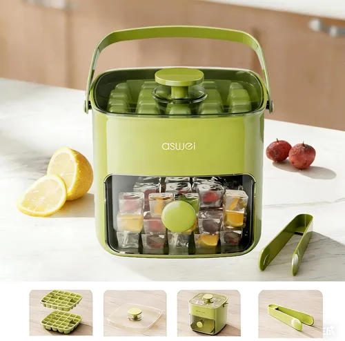 Miniatura 2 de Bandeja compacta para cubitos de hielo con tapa y contenedor, mini máquina de cubitos de hielo tipo prensa para congelador, cubo de hielo pequeño
