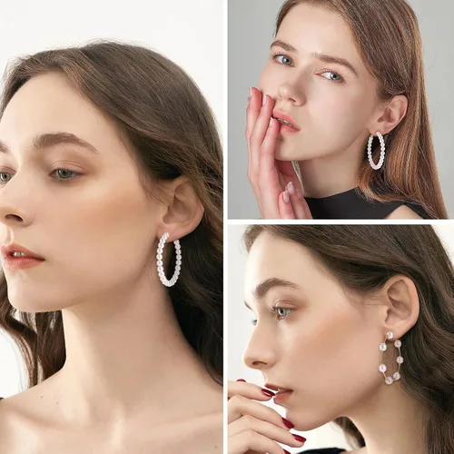 Miniatura 6 de UBGICIG 13 pares de aretes de perlas para mujer, aretes de aro de perlas ligeros, aretes de perlas circulares, aretes colgantes largos de perlas