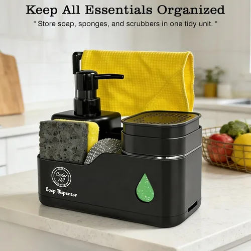 Miniatura 2 de Juego de dispensador de jabón para manos y platos de cocina (negro) – Botellas de doble bomba con soporte para esponja, soporte para cepillo, barra