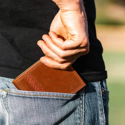 Miniatura 7 de Billetera de béisbol de cuero billeteras de cuero cosidas para hombre carteras de béisbol para hombre carteras plegables de cuero de grano completo