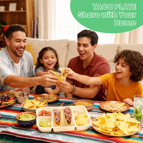 Miniatura 8 de Platos desechables para tacos de 4 compartimentos para 2 tacos y 4 lados, borde elevado extra profundo, almidón de maíz biodegradable, apto