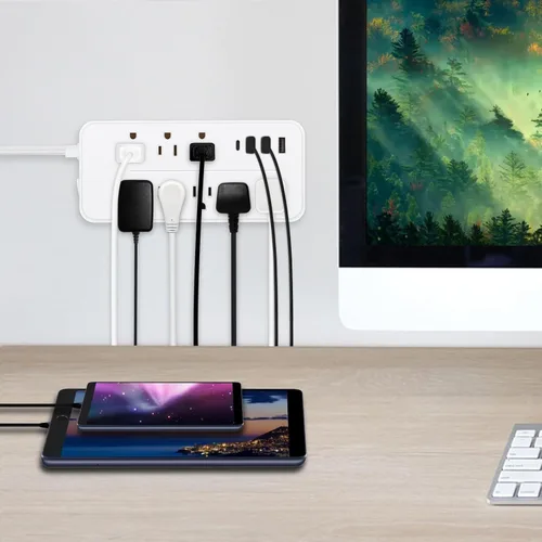 Miniatura 7 de Protección contra sobretensiones de 5 pies con cable plano de extensión, regleta de alimentación con enchufe plano listada por ETL, 8 tomas de CA, 4