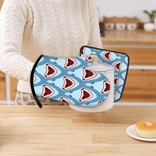 Miniatura 6 de Divertidos guantes de horno de tiburón y soportes para ollas de cocina, juego de 2 piezas, almohadilla resistente al calor para hornear, barbacoa