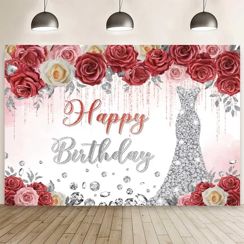 AIBIIN Telón de fondo de feliz cumpleaños de 7 x 5 pies, vestido plateado floral rojo, fondo de fotografía, goteando purpurina de cristal plateado,