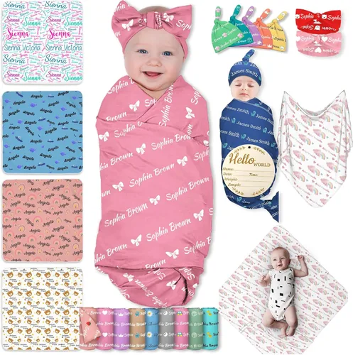 Miniatura 8 de Manta personalizada para bebés y niños, manta con nombre personalizado para recibir con diadema de lazo y sombrero, artículos personalizados