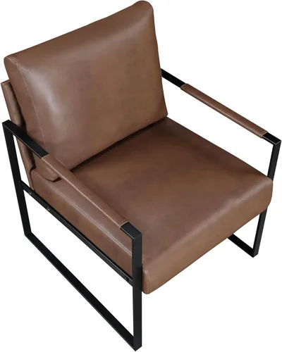 Miniatura 8 de Lexicon Silla decorativa moderna, tapizada de piel sintética con reposabrazos envueltos, sillón con marco de metal negro, cómoda silla individual