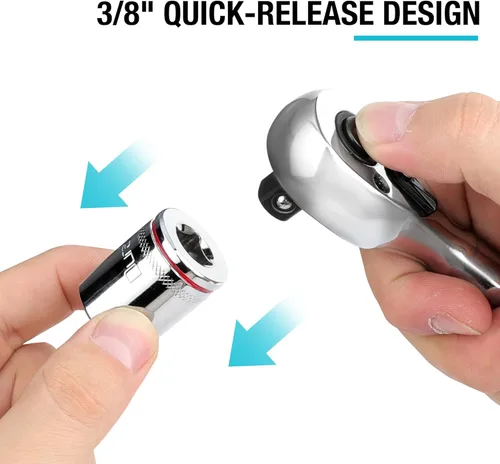 Miniatura 5 de DURATECH Trinquete extensible de accionamiento de 3/8 pulgadas, llave de trinquete de 90 dientes de liberación rápida con mango acolchado y eje