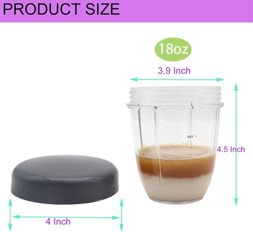 Miniatura 3 de Vasos de repuesto para licuadora y tapas planas, piezas de repuesto compatibles con Nutribullet Cups Blender de 600 W/900 W, vaso de 18 onzas, tapas