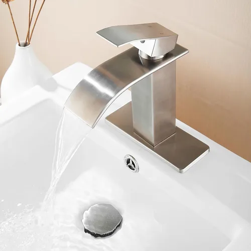 Miniatura 8 de Fransiton Grifo de baño de cascada de níquel cepillado, grifo de lavabo de una sola manija de 1 o 3 agujeros, grifo de lavabo con cubierta y drenaje