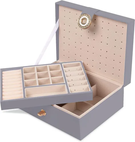 Miniatura 6 de QBestry Organizador de aretes de tuerca para mujeres y niñas caja de joyería gris para aretes collar organizador de joyas caja de aretes para mujer