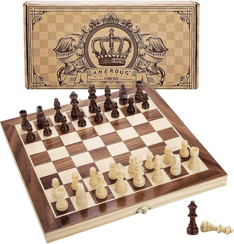 AMEROUS Juego de ajedrez magnético de madera de 12 x 12 pulgadas para niños y 6 años en adelante, 2 reinas adicionales, tablero plegable con ranuras