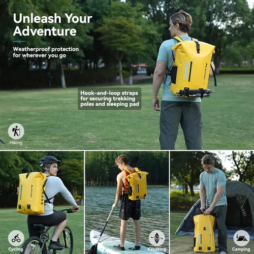 Miniatura 6 de MARCHWAY Mochila impermeable con parte superior enrollable, bolsa seca flotante de 20L/30L/45L con base rectangular ergonómica, espalda acolchada
