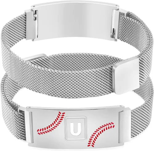 Miniatura 43 de Fervia Regalos de graduación de Pascua para hombres, pulsera con inicial de béisbol, color negro, plateado, dorado, acero inoxidable, pulseras
