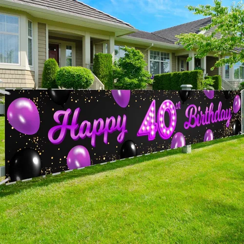 Cartel de feliz cumpleaños 40 color morado y negro, decoración temática de globos de confeti para mujeres de 40 años, suministros de fiesta de