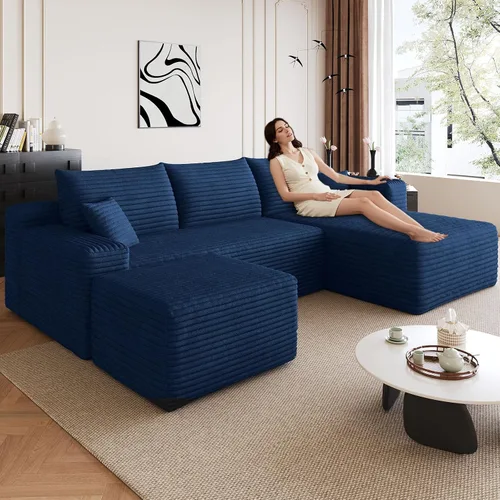 Miniatura 39 de Sofá modular de 95 pulgadas con otomana, moderno sofá nube de pana con asiento profundo, sofá sin hueso tapizado de 3 plazas en forma de U para sala