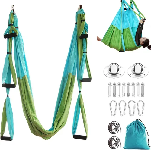 Miniatura 9 de Kit de hamaca de yoga para trapecio aéreo, ultra fuerte, antigravedad para yoga, volador, juego de herramientas de columpio de inversión Verde