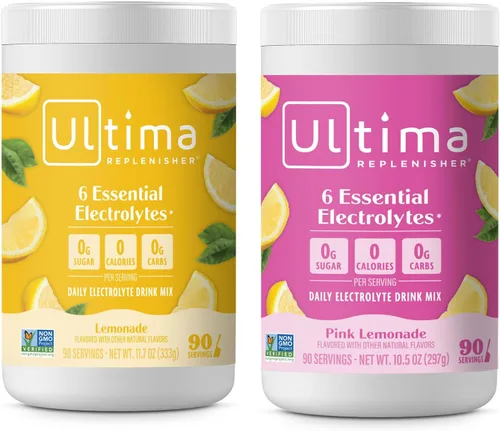 Ultima Replenisher Paquete de mezcla de bebidas en polvo de electrolitos, sin azúcar, limonada y limonada rosa, 90 porciones, polvo de hidratación,