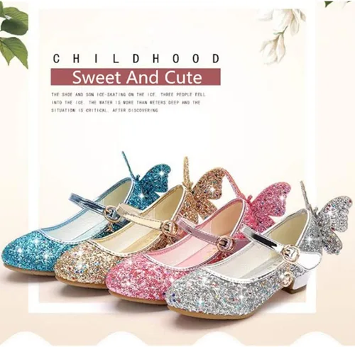 Miniatura 5 de Zapatos brillantes de mariposa Mary Jane para niñas y niñas, zapatos de fiesta de boda con purpurina para damas de honor, tacones bajos, zapatos