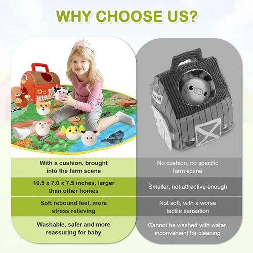 Miniatura 8 de Juguetes de animales de granja para niños pequeños de 1, 2, 3, 4, 5 años, juego de casa de granja de felpa con granero, 6 animales de granja suaves