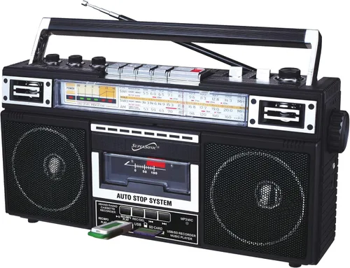 Supersonic SC-3201BT - Boombox de radio de 4 bandas y reproductor de cassette, altavoz Bluetooth, radio AM/FM/SW con reproducción de MP3, tarjeta
