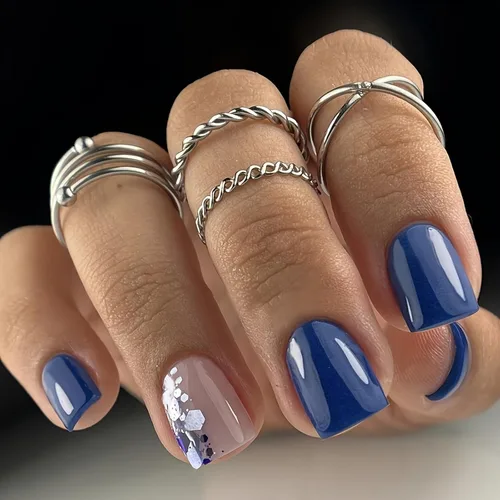 Miniatura 14 de Uñas postizas cuadradas cortas a presión, uñas postizas de color rosa, de cobertura completa, uñas postizas con purpurina plateada con diseños
