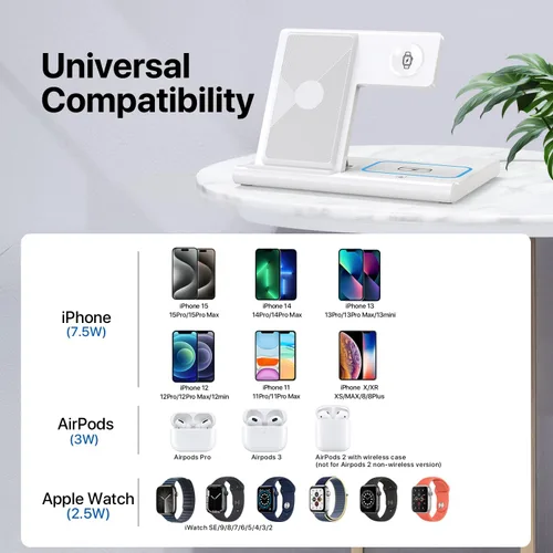 Miniatura 2 de Estación de carga rápida 3 en 1, soporte de cargador inalámbrico plegable de viaje para iPhone 15, 14, 13, 12, 11/Pro/Max/Plus, X, XR, XS/Max, SE