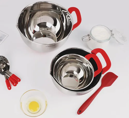 Miniatura 6 de Hillbond Tazones para mezclar con tapas herméticas sin BPA, tazones anidables con pico vertedor, mango de silicona y fondos antideslizantes para Rojo
