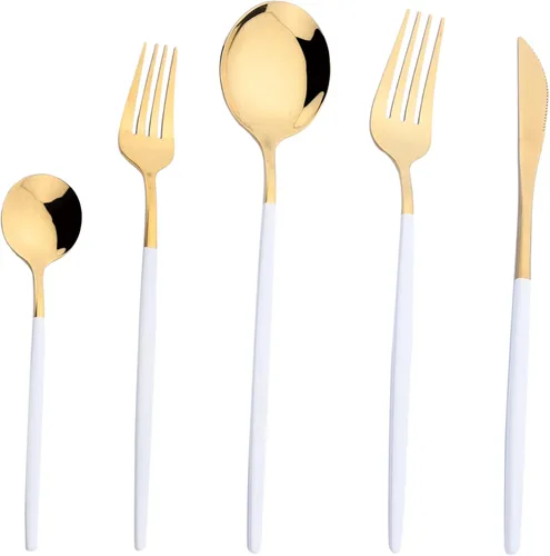 Miniatura 7 de Juego de cubiertos de oro mate y blanco, 5 piezas, juego de vajilla de acero inoxidable 18/10, servicio para 1, juego de utensilios de cocina, juego