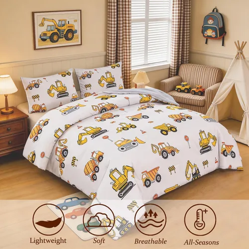 Miniatura 3 de ZRNBAST Juego de ropa de cama individual para niños y niños, beige, con diseño de coches de dibujos animados, excavadora, tractor, juego de edredón