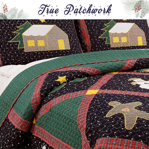 Miniatura 2 de Cozy Line Home Fashions Juego de ropa de cama reversible con diseño de retazos de Navidad, color azul marino, silencioso, cielo estrellado, cabaña
