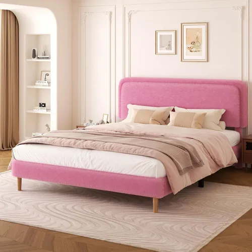 Miniatura 14 de Marco de cama tapizado Boucle de tamaño matrimonial con cabecera ajustable, cama de nube suave, no necesita somier, fácil montaje, sin ruido