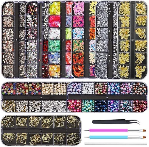 Miniatura 9 de Artdone 12 cajas de diamantes de imitación para uñas, gemas de diamantes de uñas, aretes de cristal de uñas y lentejuelas para uñas, kit con 1 pinza