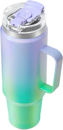 Miniatura 25 de Meoky - Vaso de 32 onzas con asa, taza de viaje de acero inoxidable con pajilla y tapa 2 en 1, taza de café con aislamiento al vacío, 100% a prueba