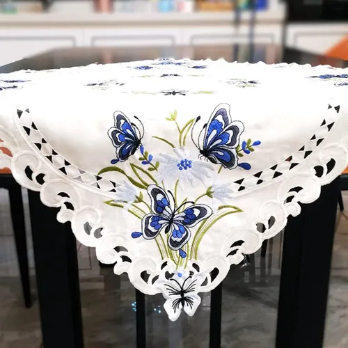 Miniatura 3 de LeLehome Mantel cuadrado bordado de 33 pulgadas, mantel pequeño de encaje floral clásico vintage con diseño de mariposa azul beige