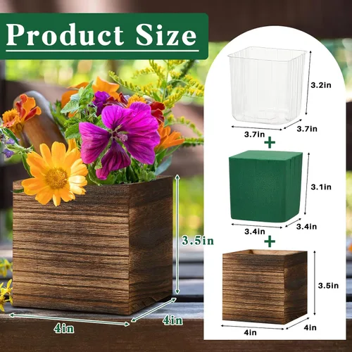 Miniatura 2 de Dandat Juego de 12 Macetas Cúbicas de Madera, Maceta Cuadrada de Madera Estilo Rústico con Forro de Plástico Desmontable, Bloques de Espuma Floral