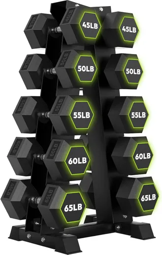 Miniatura 16 de HANDBODE Rubber Coated Hex Dumbbell Set with A-Frame Rack, 100 lb - 550 lb Multiple Options Weight, Hexagon Non-Rolling Shape, Ergonomic Knurled