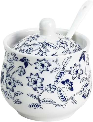 Azucarero de cerámica Tarro de flores azules y blancas Tarro de almacenamiento de sal y pimienta con tapa y cuchara