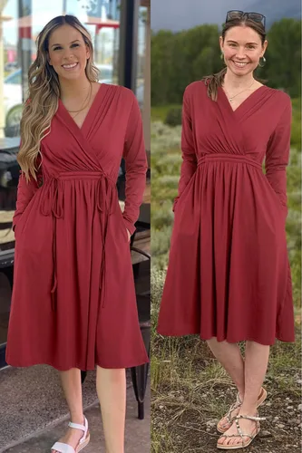 Miniatura 3 de OUGES Vestido de maternidad para mujer 2023, manga larga, cuello en V, vestidos de embarazo con bolsillos