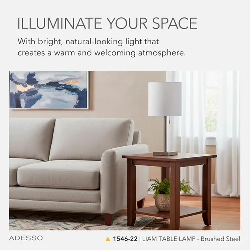 Miniatura 3 de Adesso Lámpara de mesa de acero cepillado con pantalla blanca, luz de acento moderna para dormitorio, sala de estar y decoración de la casa, 22