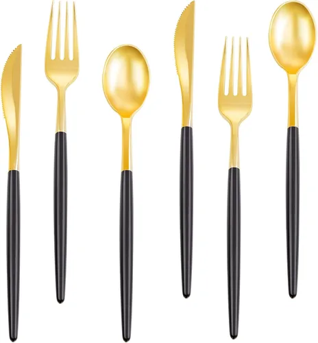 Miniatura 10 de Rubtlamp 90 cubiertos negros de plástico, cubiertos desechables de graduación, utensilios resistentes incluyen 30 cuchillos desechables, 60