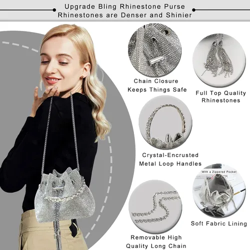 Miniatura 4 de TOPALL Bolsa de noche con diamantes de imitación, monedero plateado brillante con diamantes de imitación para mujer, fiesta, club, boda, plateado