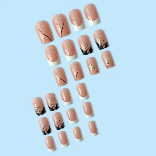 Miniatura 2 de Uñas postizas a presión de punta francesa, uñas postizas cuadradas blancas, uñas postizas cortas negras con diamantes de imitación, diseños