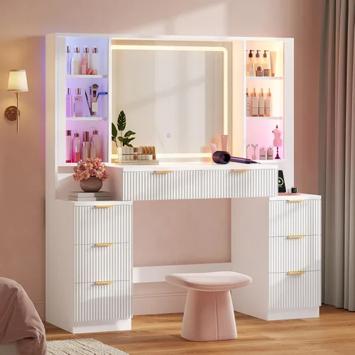 Miniatura 12 de HAUOMS Big Vanity, escritorio de maquillaje de madera estriada con espejo y luces LED de sincronización de sonido, tocador grande, 8 cajones, Roble