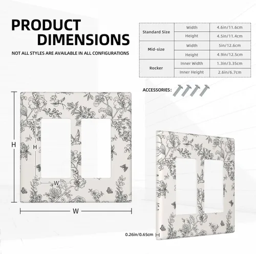 Miniatura 5 de Cubierta decorativa para interruptor de luz, diseño de pájaros y flores florales en blanco y negro, 2 bandas, cubierta decorativa para pared, placa