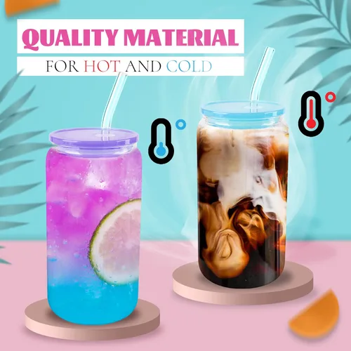 Miniatura 6 de Joyclub 4 piezas de vasos de vidrio con tapas acrílicas y pajitas 16 oz Vasos de café helado con tapas y pajitas en forma de lata, lindos vasos