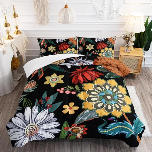 Miniatura 26 de Juego de edredón floral colorido de 3 piezas, juego de ropa de cama botánica bohemia tamaño queen, diseño boho de granja con flores y hojas impresas